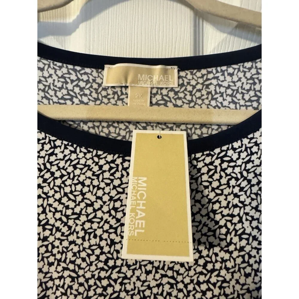 Michael Kors Shift Dress 2X Navy Blue Ivory White Short Sleeve Washable NEW - Picture 7 of 12